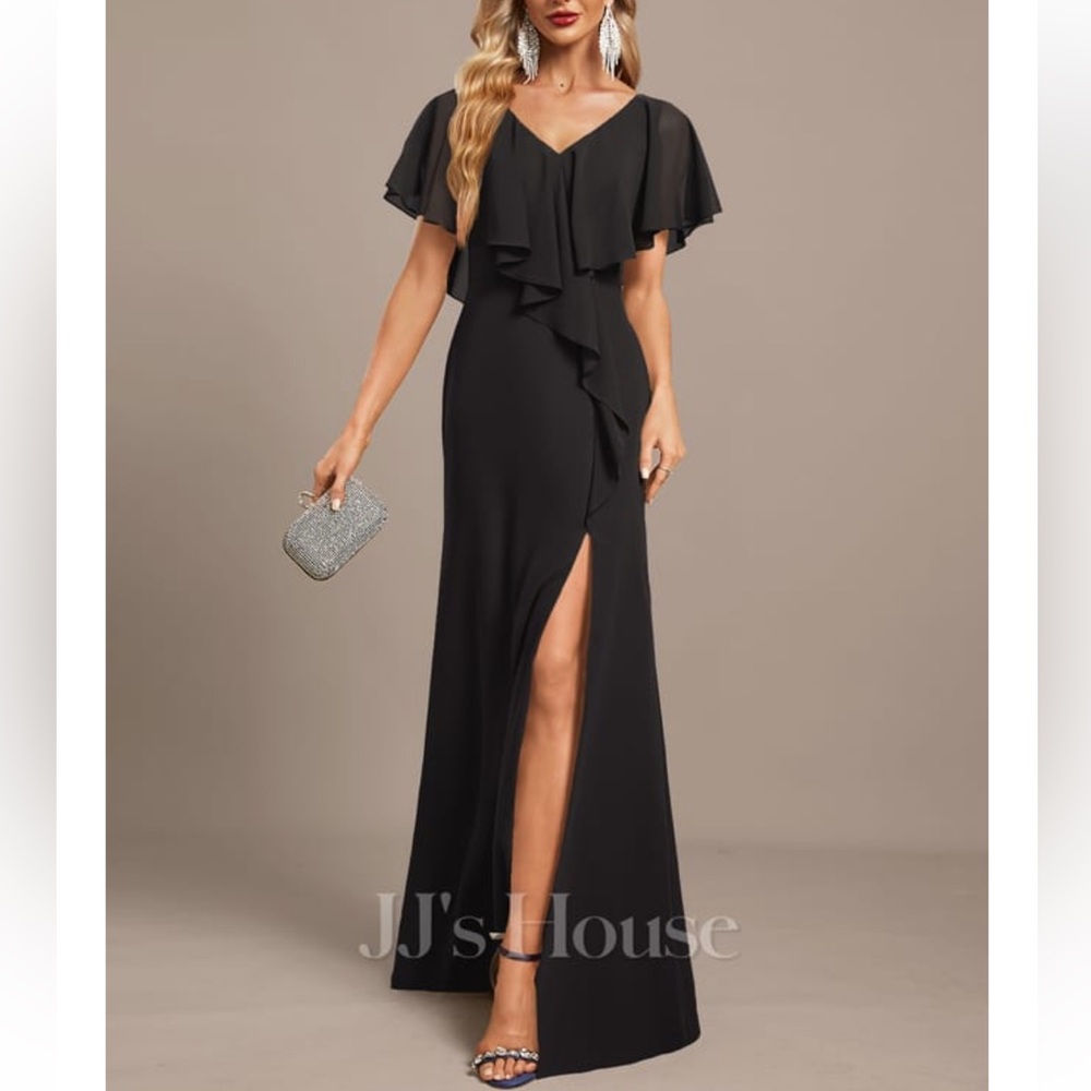 JJs House Black Ruffled V-Neck Slit Evening Dress